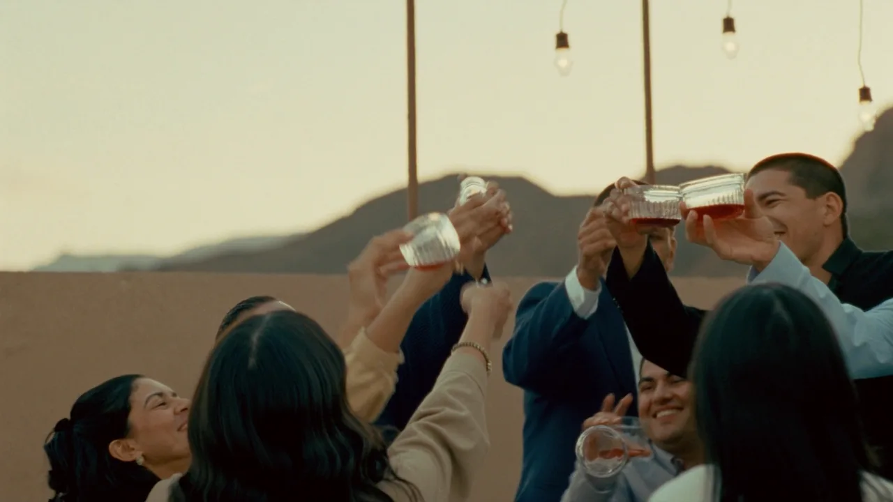 Brindis de un equipo en una terraza al atardecer