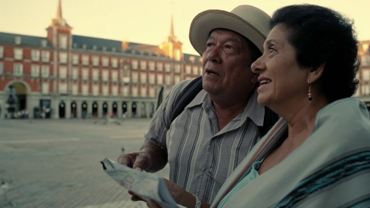 Pareja mayor mexicana como turistas en una plaza europea