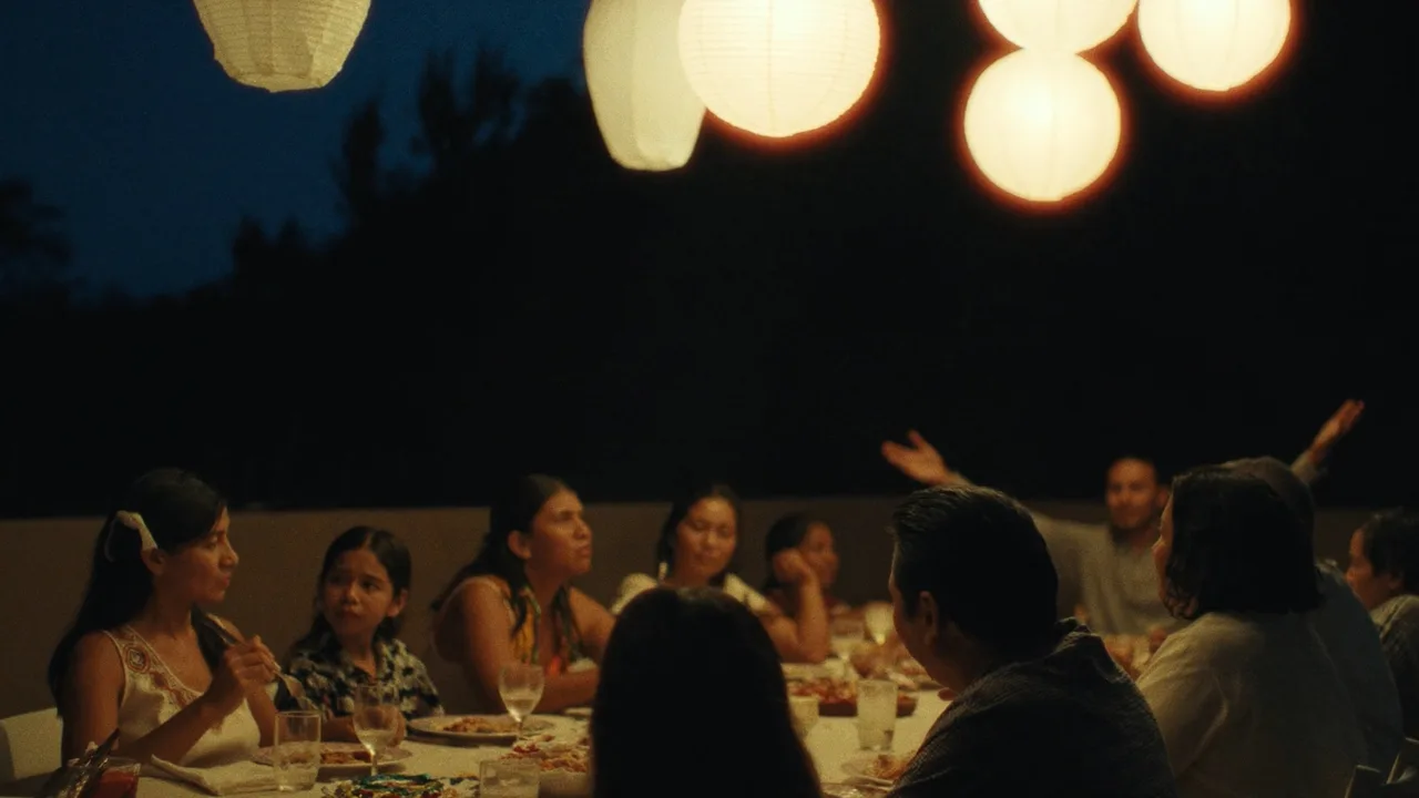 Mesa larga de una familia grande cenando bajo faroles
