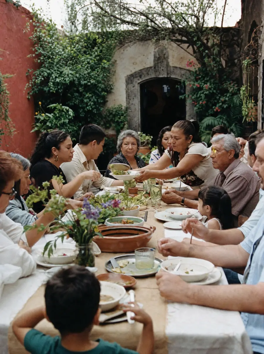 Tres generaciones de una familia cenan en una mesa larga en un patio, pasándose los platos