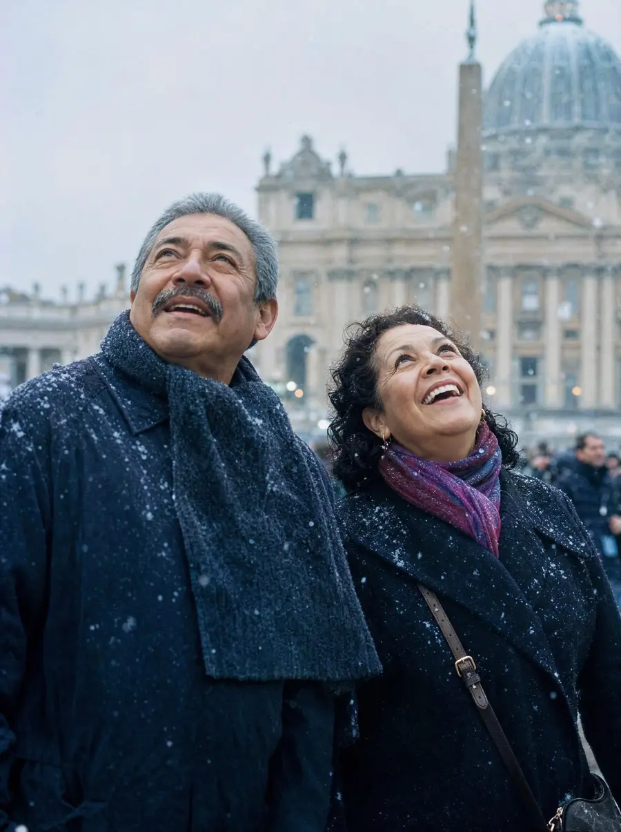 Una pareja mayor con abrigos mira hacia arriba mientras cae la nieve en una plaza europea